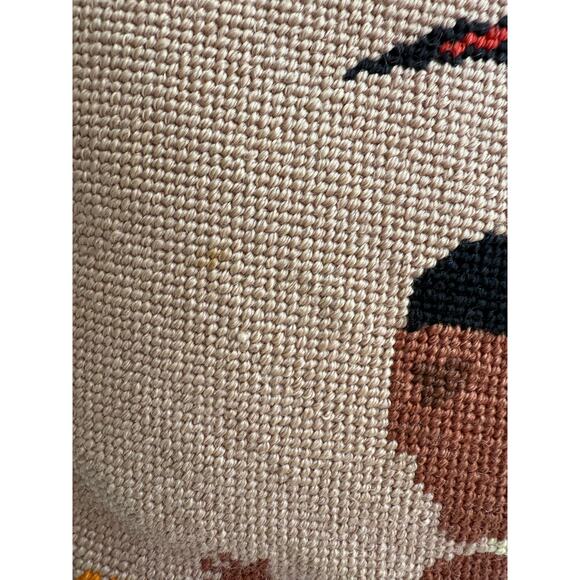 Vintage Native American Needlepoint Pillow | Woman with White Crane Bird - Picture 2 of 9